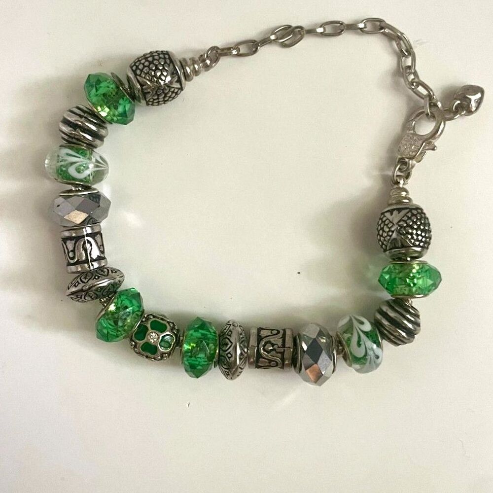 Green Charm‎ Bracelet Adjustable in legnth Green and Silver in color